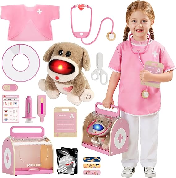 TOP BRIGHT Doctor Kit for Toddlers 3-5, Pretend Play Doctor Set(Pink) | Veterinarian Costume, DR Kit Dress Up Toys for Kids, Role Play Dog Vet Playset, Christmas Birthday Gifts for Girls Boys 3 4 5