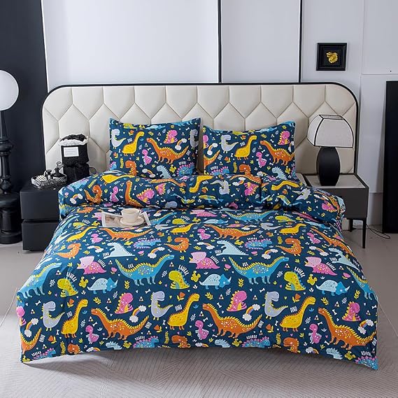 Full Size Dino Printed Bed Fitted Sheet,Duvet Cover and Pillowcase Set