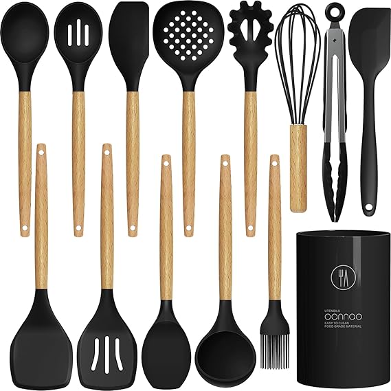 oannao Silicone Cooking Utensils Set - 446F Heat Resistant Silicone Kitchen Utensils for Cooking,Kitchen Utensil Spatula Set w Wooden Handles, BPA FREE Gadgets for Non-Stick Cookware (Black)