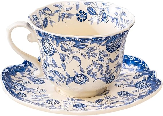 French style blue and white retro teacup and saucer set, 6.8 oz teacup and saucer, with decoration and gift box, cream and white