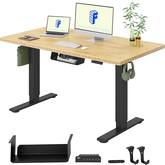 FLEXISPOT Bamboo Electric Standing Desk with 2 Motors, 120x60cm, Height Adjustable Sit Stand Computer Desk with Memory Function and Hook, E1 Pro (Black Frame+Bamboo Desktop)