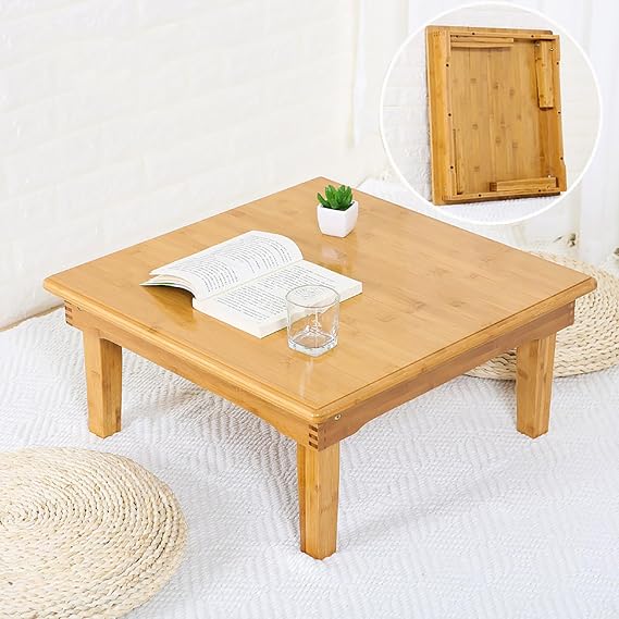 Square Folding Coffee Table, Japanese-style Low Table for Tatami Sitting on The Floor, Portable Meditation Table Kotatsu Dining Altar Bay Window Table, No Assembly, 60x60x27cm(24x24x10inch)