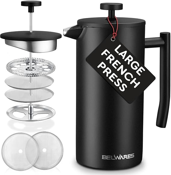 Large Insulated French Press Coffee Maker, Matte-Black Stainless Steel 50oz