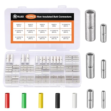 307PCS-Red Copper Non Insulated Butt Connectors Kits with Heat Shrink,22-6 AWG Uninsulated Butt Connector for Electrical Wiring