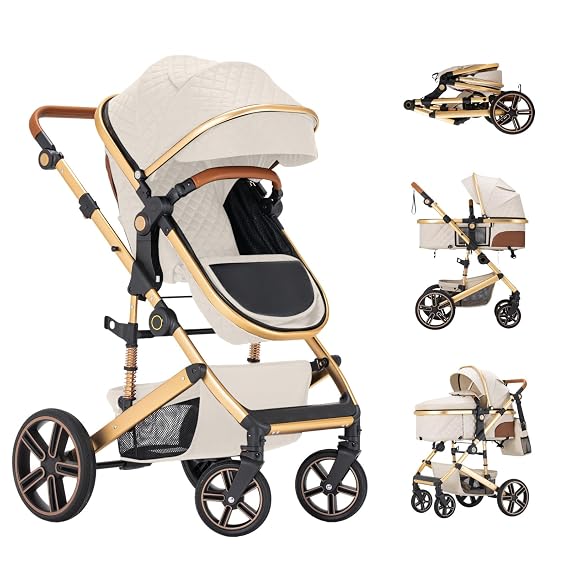 2 in 1 Baby Stroller, Folding Newborn Stroller with Reversible Seat, Infant Stroller with One Button Brake | XL Basket | Cup Holder | Mosquito net | Adjustable Canopy & Handle | max 18kg