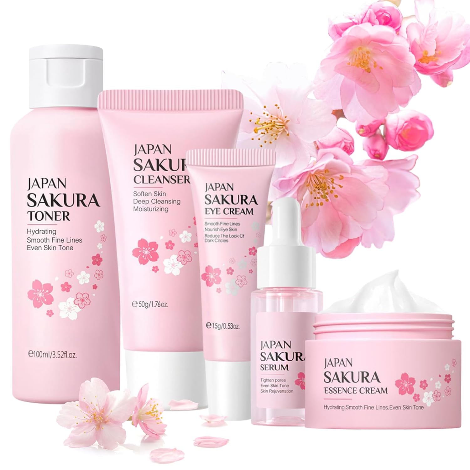 Sakura Skincare Gift Set for Teen Girls 6 Pcs Moisturizing Skincare Set with Cleanser Toner Serum Eye Cream Essence Cream Skin Care Set for Teen Gilrs Birthday Gift for Women Girls Sakura