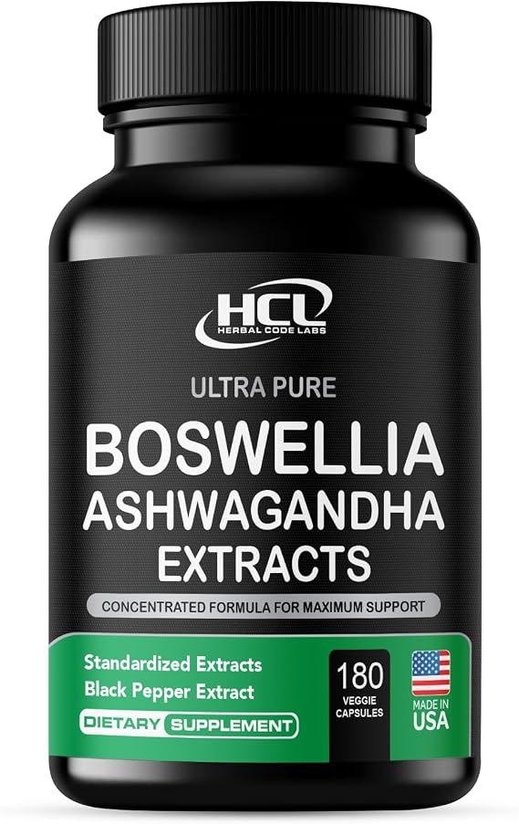 Boswellia Extract 65% Boswellic Acid and Ashwagandha Capsules - Strong Natural Support Pills 3 Month Supply - Consentrated Boswellia Serrata with Ashwagandha Powder Supplement - Non GMO - Made in USA