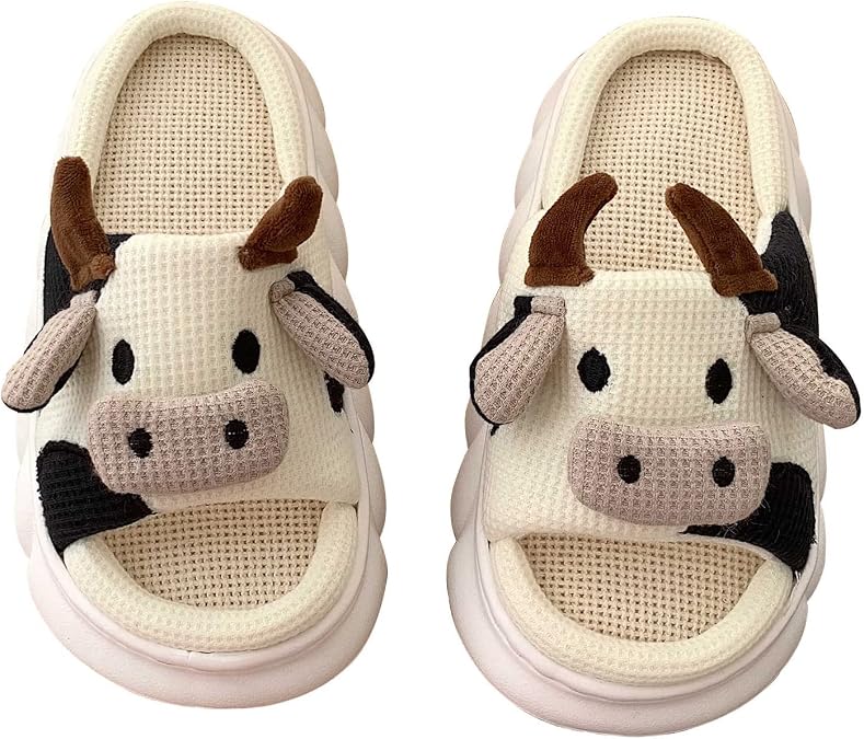 Cute Cow Slippers, Kawaii Fuzzy Milky Cow Slides, Winter Warm Milk House Slippers, Indoor Cozy Cartoon Animal Slipper House Shoes for Women Men (Linen,9 Women/7.5 Men)