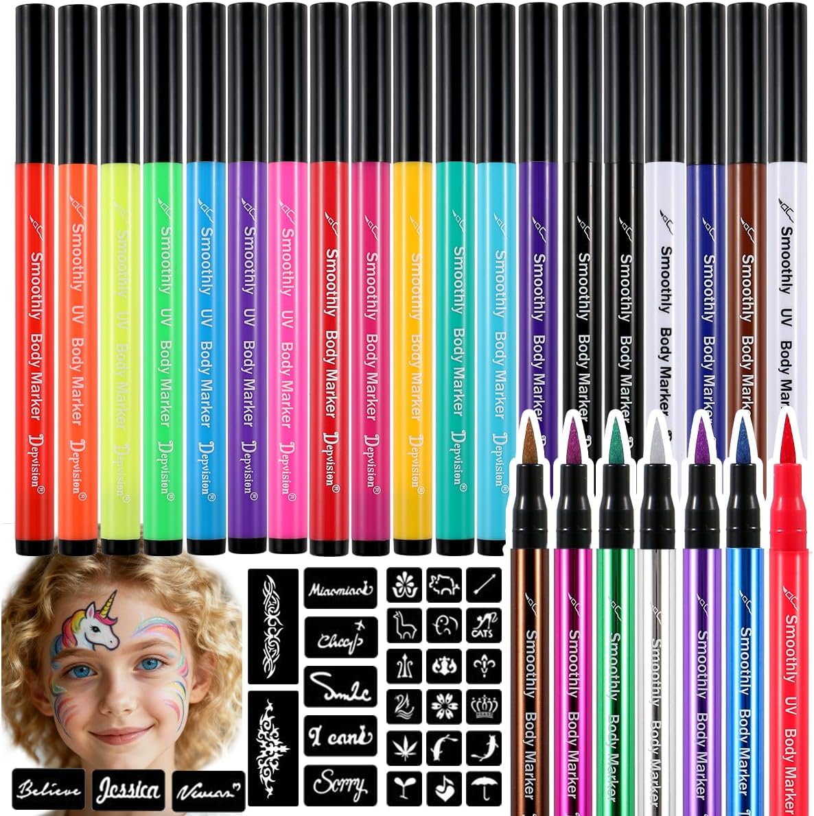 Body Marker Temporary Tattoo Markers depvision 26 Colors Body Markers, 138 pcs Large Tattoo Stencils for Kids and Adults,Glitter & Matte & Neon Glow, Skin-Safe Cosmetic Quality Long-Lasting