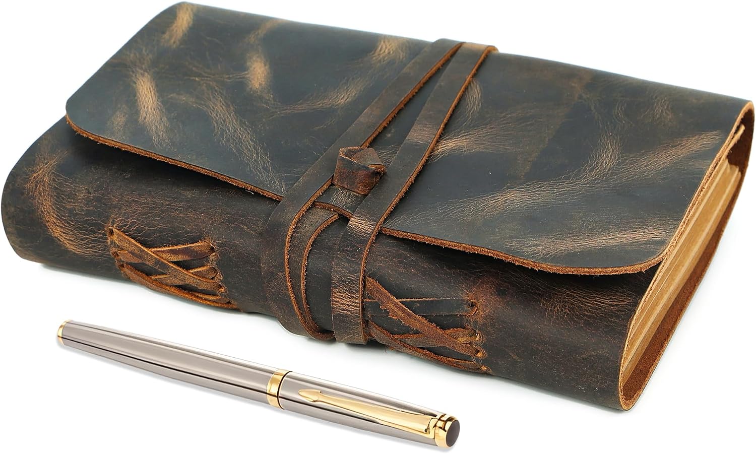 ELIZO Leather Journal Notebook Leather Bound Journal for Men - 7x9 Refillable Leather journal with Lined Pages - Writing Journals for Women - Large Travel Journal Diary Pen Gift Set