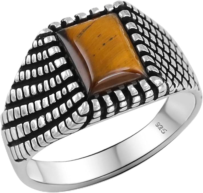 Natural Tiger Eye Stone Solid 925 Sterling Silver Luxury Ring for Men