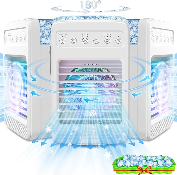 Portable Air Conditioner, 180° Vibration Mini Air Conditioner, 4 Speed Portable AC, Built-in Ambient Lighti AC Unit, Large Water Tank Air Cooler for Room/Kitchen/Office/Desk Upgraded 2024