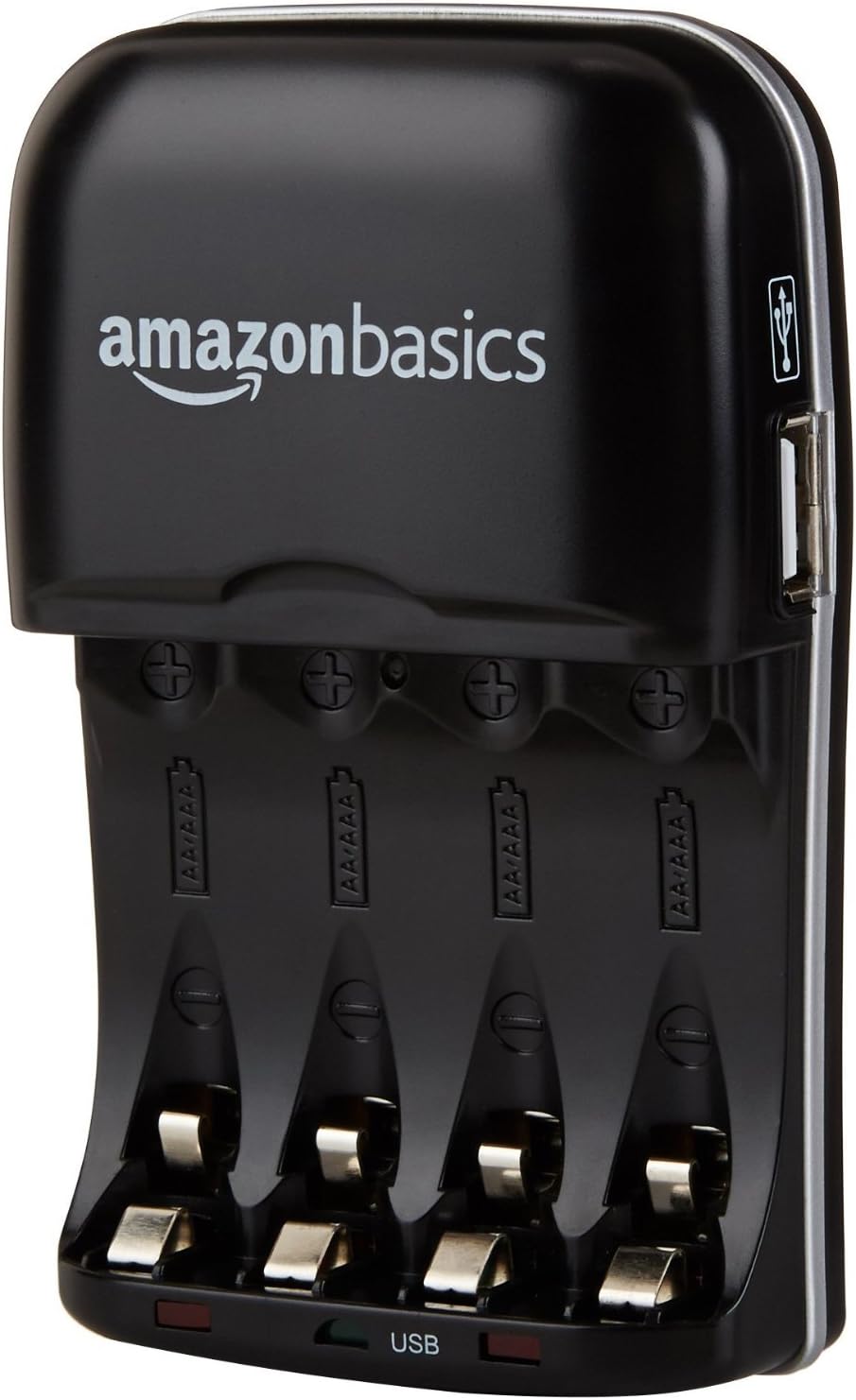 Amazon Basics 4 Slot Ni-MH AA & AAA Battery Charger With Indicator LEDs, With USB Port, Black