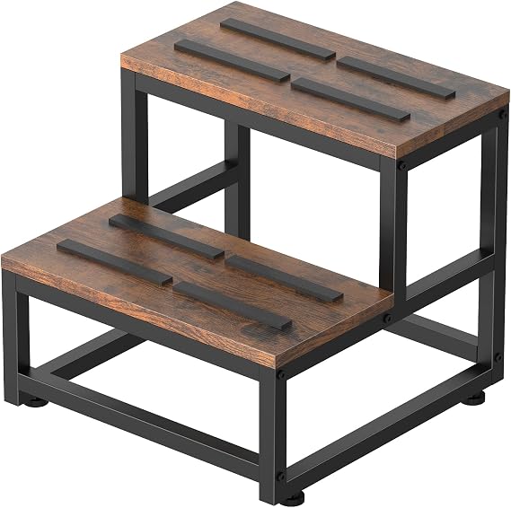 LIANTRAL 2 Step Stool for Adults Kids, Heavy Duty Sturdy Steel Frame with Wooden Steps, Bedside Foot Stool with 500lbs Load Capacity, Non-Slip Step Stool for High Bed, Kitchen, RV Step - Rustic Brown