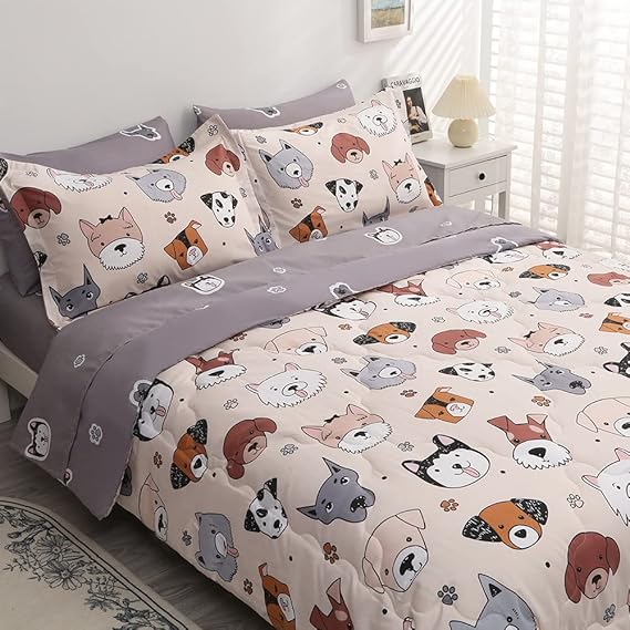 7 Piece Kids Dog Bedding Comforter Set for Boys Girls Full Size Bed in a Bag Cute Cartoon Animal Soft Microfiber Bed Set with Comforter Sheets Pillowcase Sham Gray and Cream White