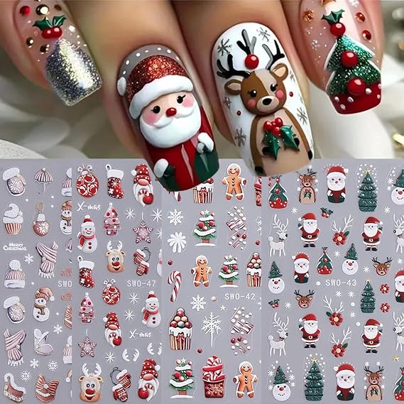 Christmas Nail Art Stickers 5D Embossed Decals 4PCS Santa Xmas Tree Elk Glove Snowflake Cookie Man 3D Self-Adhesive Stickers for Nails Manicure Decorations