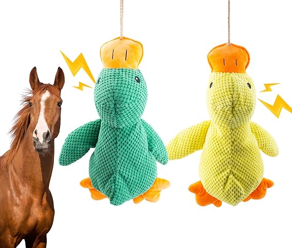 Horse Toys Squeaky Squeeze Plush Duck, Interactive Squeaky Duck Toy for Horses to Play with, Hanging Plush Enrichment Toys for Horses Goat to Prevent Boredom-(Green+Yellow)