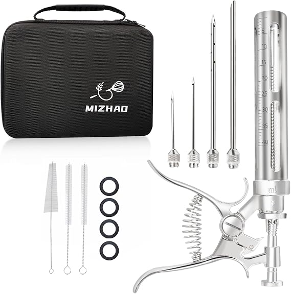 Premium Meat Injector Kit - Stainless Steel Marinade Syringe with 4 Needles, Leak-Proof, Food-Grade Injector for BBQ, Turkey, Chicken, and Grilling(9.05in)