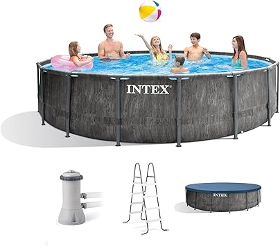 Intex Prism Frame Round Above Ground Outdoor Swimming Pool Set with Filter Pump, Ladder, Ground Cloth, and Pool Cover, Greywood