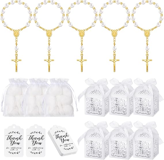 MTLEE 100 Pieces Baptism Favors Set Includes Mini Rosary Baptism Favors Boxes White Organza Bags with Drawstring Thank Tags for Christening Weddings First Communion Christian Party