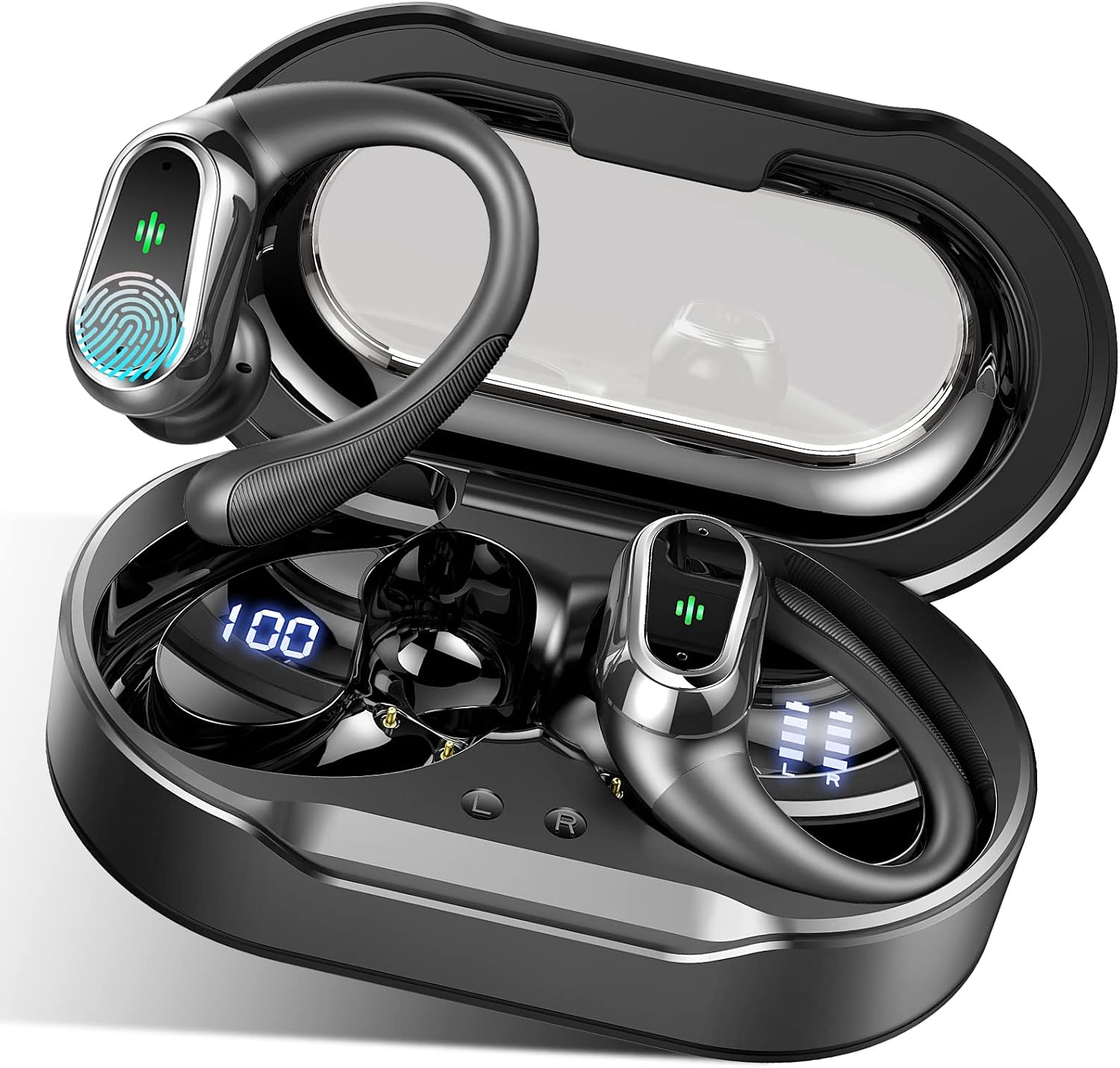 Wireless Earbuds, Bluetooth 5.3 Headphones Sport Hifi Stereo HD Mic, 50H Playtime Bluetooth Earphones Dual LED Display, IP7 Waterproof Noise Cancelling Ear buds with Earhooks Running, Touch Control