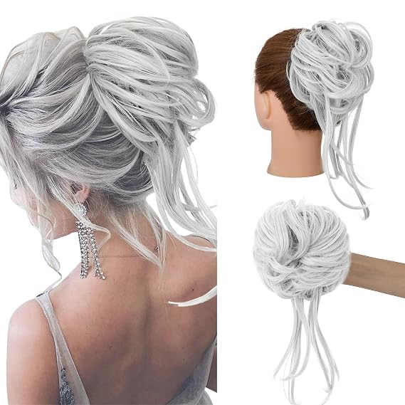 Messy Bun Hair Piece, Tousled Updo Extensions Scrunchies for Women With Elastic Band - Hairpieces for Daily Wear (Gray)