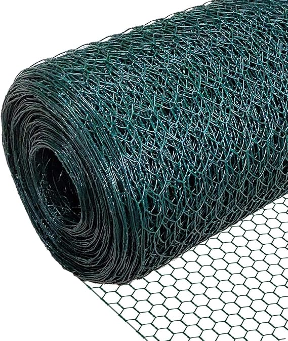 VOUNOT® Chicken Wire Mesh Roll, PVC Coated Hexagonal Wire Mesh Fencing, Wire Poultry Netting, 1m x 25m, Hole Size: 13mm, Green