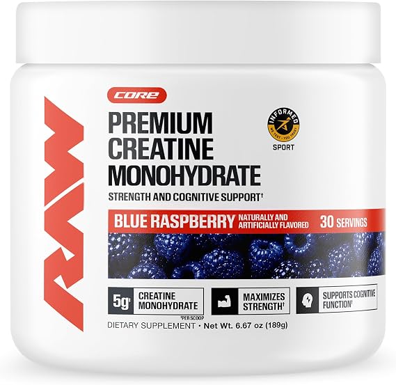 RAW Nutrition Creatine Monohydrate Powder, Blue Raspberry, 30 Servings
