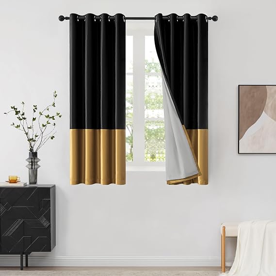 BULBUL Black Gold 100% Full Blackout Velvet Curtains,63 inches Long Modern Liner Curtains Thermal Drapes Panels for Living Room Bedroom Grommet Set of 2