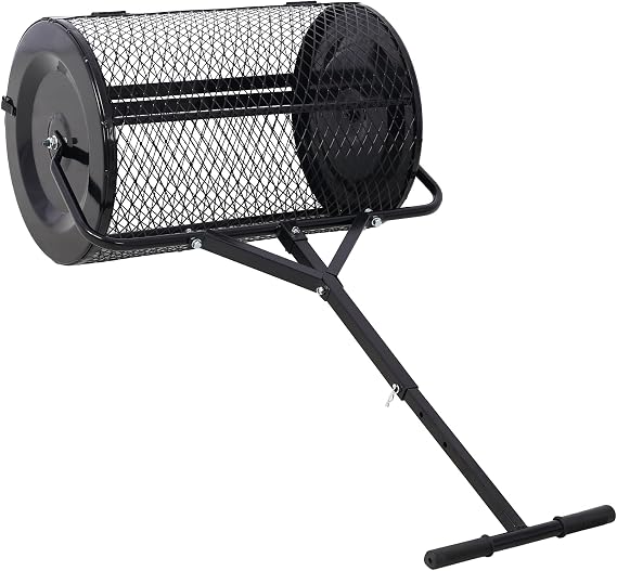 24" Compost Spreader and Peat Moss Spreader, Behind Roller Lawn Spreader with Height Adjustable T Shaped Handle, Steel Mesh Basket Garden Spreader for Spreading Manure Topsoil, Heavy Duty Black