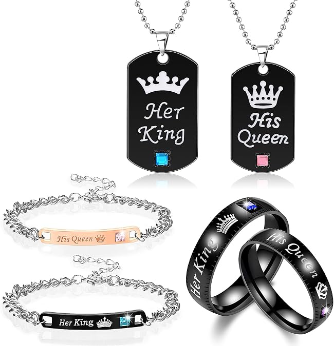 Hicarer 6 Pcs Couples Necklace Bracelet and Ring Set, Includes Couple Necklaces for Him and Her Love Heart Pendant Necklace His Queen Her King Couples Bracelets (Heart Style, Metal)