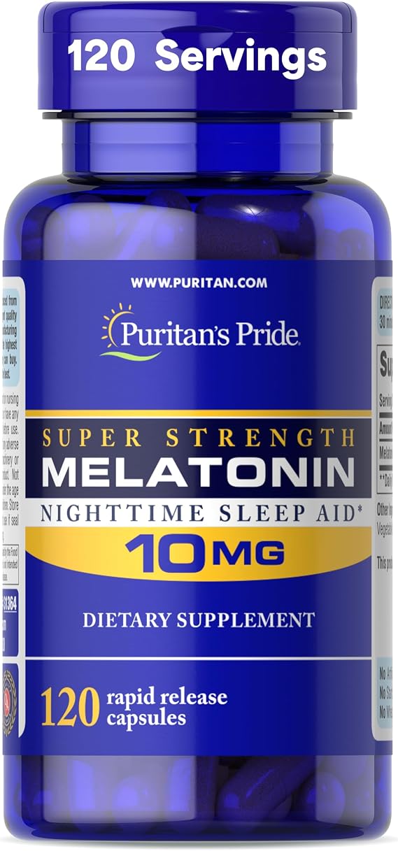 Puritan's Pride Premium Super Strength Melatonin 10mg Sleep Aid | Dietary Supplement for Sound, Restful, and Longer Sleep Support, 4 Month Supply, 120 Rapid Release Capsules