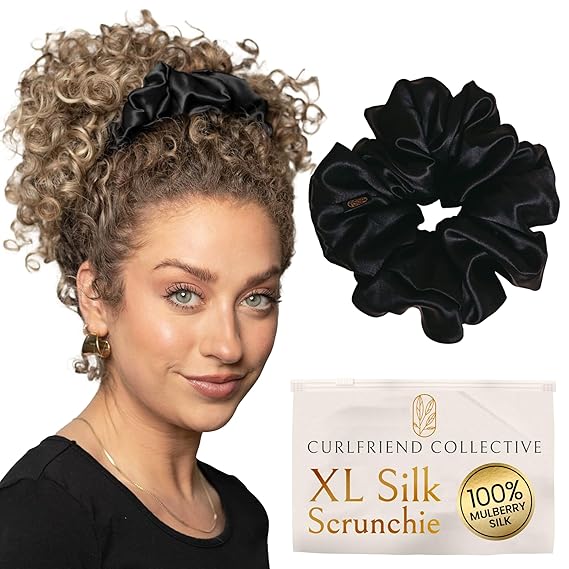Silk Scrunchies for Women Ponytail Holders Oversized Mulberry Silk Scrunchies Extra Large No Damage Hair Ties for Curly, Thick, and Thin - Hair Accessories for Women Black, XL By Curlfriend