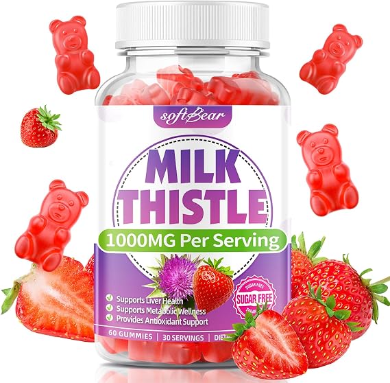 softbear Milk Thistle Gummies 1000mg Organic Milk Thistle Supplement for Liver & Antioxidant Support, Sugar-Free/Vegan/Gluten-Free, Strawberry Flavor 60 Count