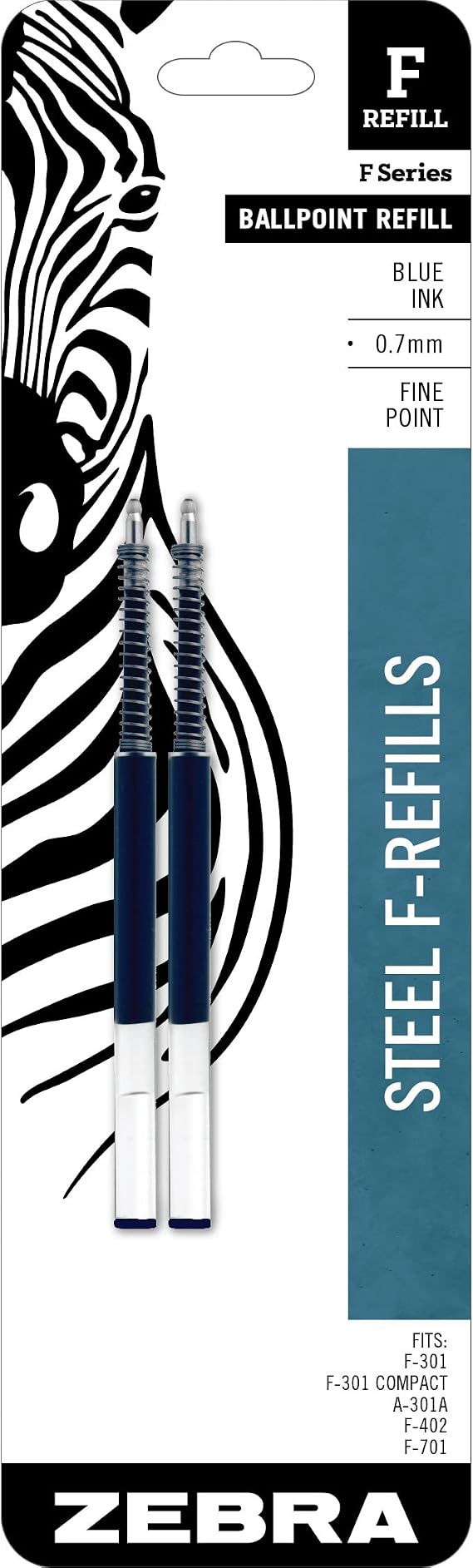 Zebra Pen Ballpoint Refill, Fits F-301, F-402, F-701, Blue, 0.7mm, 2-Pack | F-Refill, Fine Point Tip, Smooth Writing Performance with Clean and Consistent Lines, Office Supplies (85522)