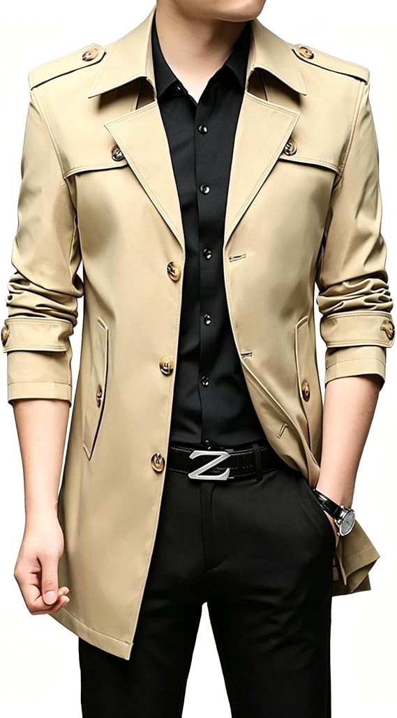 Mens Liner Detachable Casual Trench Zipper Turn Down Collar Overcoat Slim Fit Double Breasted Length Jacket