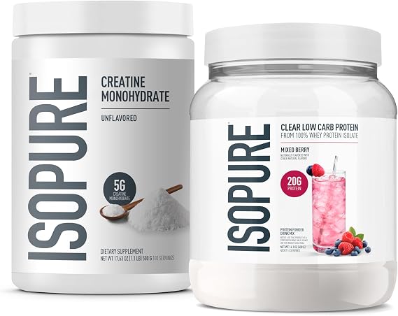 Isopure Bundle of Clear Whey Isolate Protein Powder, Mixed Berry,16 Servings 100% Pure Creatine Monohydrate Powder, Unflavored, 100 Servings