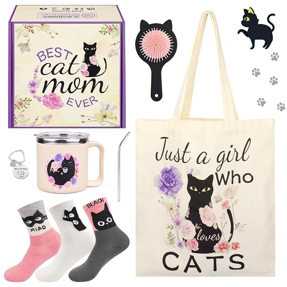 Cat Lover Gifts for Women, 7 Pcs Black Cat Themed Gift Set with Mug, Tote Bag, 3 Socks, Keychain & Comb. Perfect Kitten Themed Gifts for Women, Birthday, Mother's Day