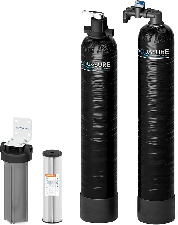 Aquasure Serene Series 10 GPM Whole House Salt-Free Conditioning Descaler Bundle with KDF/GAC Water Treatment System and Pleated Sediment Pre-Filter, for 1-3 Bathrooms | Removes 99% of Contaminants
