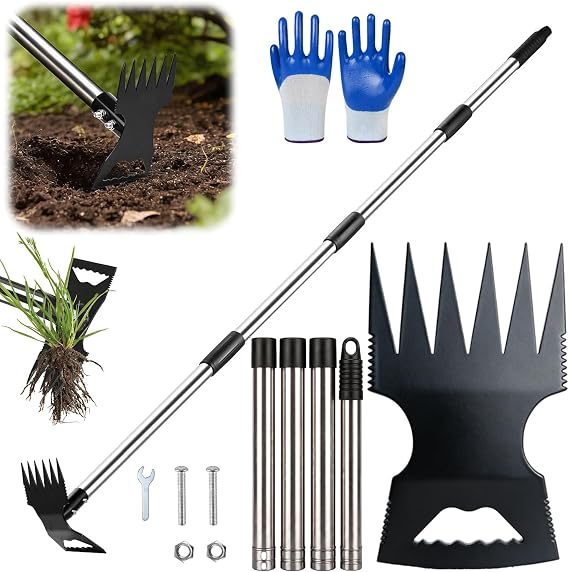 2-in-1 Weed Rake & Hoe Combo Adjustable Heavy Duty Weeds Remover Tools 59in | Ergonomic Weed Remover Tool Weed Puller Tools Free gloves stainless steel weed puller root for Yard, Lawn, Patio, Garden