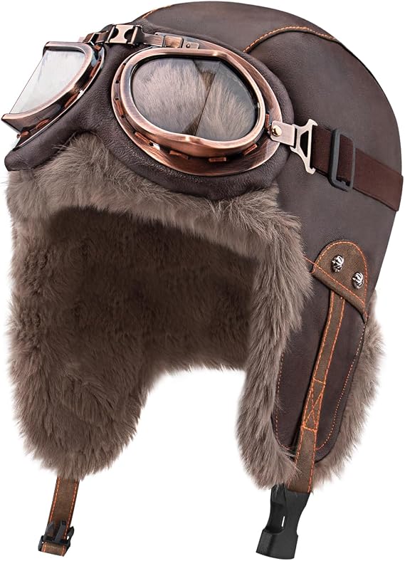 Peicees Leather Aviator Hat and Goggles Vintage Pilot Cap- Winter Fur Hat with Earflaps Pilot Costume Adult Men Women
