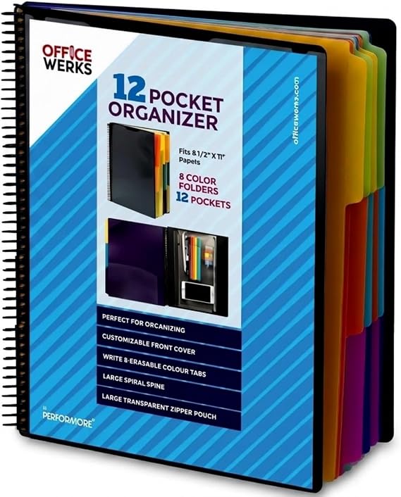 Performore - 12 Pocket Spiral Subject Organizer with 6 Dividers, Folder Organizer Spiral Binder with Front Cover Pocket and Customizable Cover, Erasable Write On Tabs for Documents Files Projects