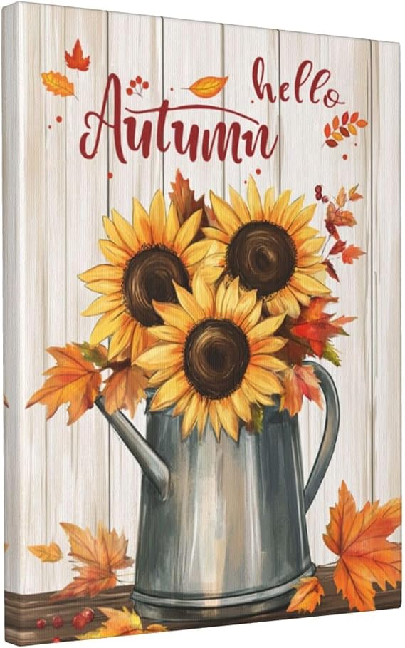Hello Autumn Canvas Wall Art Fall Pictures Sunflower Painting Prints Modern Artwork for Bathroom Living Room Bedroom Office Framed Wall Decor 12"x16"