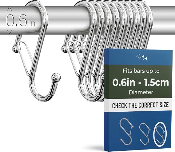 10 Pack S Hooks for Hanging for Bars up to 0.6 Inch (1.5 cm) Diameter - Anti-Drop Hooks with Safety Buckle – Heavy-Duty for Kitchen & Bathroom – Silver (Small)