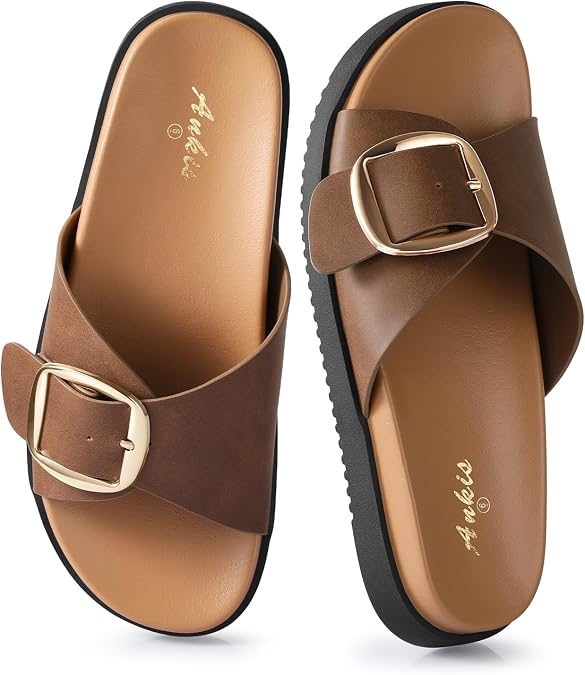Ankis Brown Black White Flat Sandals for Women 2026 Dressy Comfortable Summer Beach Essentials - Flip Flops & Slides with Memory Foam Insole Womens Sandals Comfortable Footwear