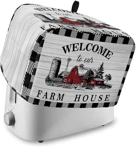 Welcome to Our Farm House 4 Slice Toaster Cover, Large Kitchen Appliance Cover, Black and White Checkered With Loop, Bread Machine Polyester Dust Protection