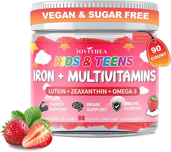 90 Count | Iron Gummies for Kids, Kids Multivitamin with Calcium, Zinc, Folate, Omega-3 & Lutein, Support Energy, Immnity, Iron Deficiency, Anemia & Brain Health, Vegan, Sugar-Free, Strawberry Flavor