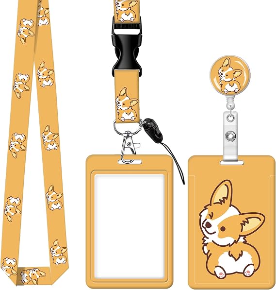 Badge Reels Retractable with Carabiner Reel Clip, ID Name Tag Work Badge Holder Belt Ferrule, Identity ID Badge Holder Cover Case for Office Work Nurse Teacher Student Gifts(Yellow Corgi Dog)