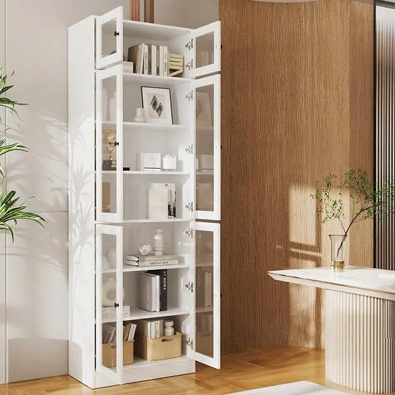 VOWNER 85.5" H Bookshelf Single Pack - Glass Door Design, 7 Tier Book Shelf, Curio Cabinets with Storage, DIY Large Bookcase for Living Room, Office (White)