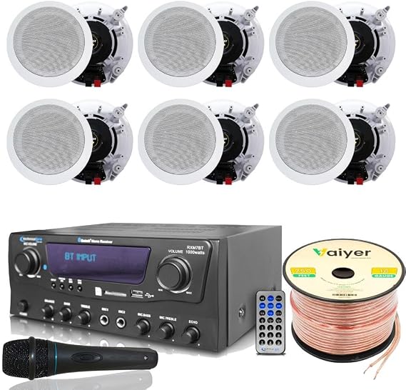 Technical Pro Home Theater System Kit 1000 Watts Bluetooth Receiver | w/ 6 Qty 5.25" 175 Watts Each in-Wall in-Ceiling Speakers,16 Gauge 250 ft. Speaker Wire, Portable Microphone, Remote Control